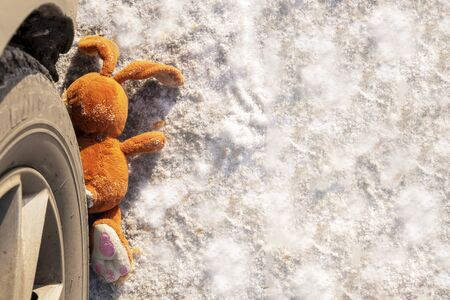 childrens accident on a winter road, Bunny rabbit toy. Death on the road, carelessness and danger. Attention and caution. roadkill winter, Concept, copyspaceの写真素材