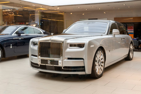 Bangkok, Thailand, January 5, 2020: rolls Royce Executive business sedan supercar, new at the dealership, luxury beige colorのeditorial素材
