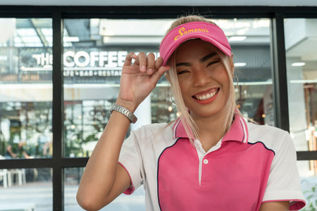 Thailand, Phuket, April 15, 2020: cute young beautiful Asian girl, ice cream seller, posing and looking at the camera smiling. womens street portrait lifestyleのeditorial素材