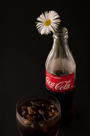 Krasnoyarsk, Russia, June 20, 2020: an open bottle of Coca-Cola, with a chamomile flower like a vase.next to it is a glass of coke. Creative still lifeのeditorial素材