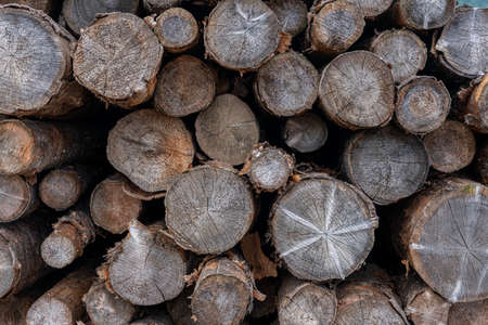background of old dark round logs lying in the open air. close up
