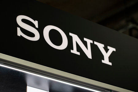 Krasnoyarsk, Russia, July 20, 2020: sony Logo on a retail window on a black background.のeditorial素材