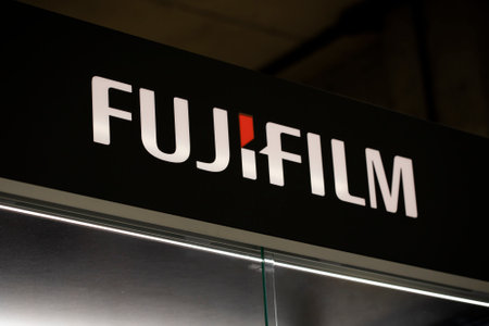 Krasnoyarsk, Russia, July 20, 2020: Fujifilm logo black sign.のeditorial素材