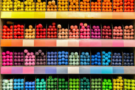 color palette - multi-colored markers on the store counter for designers and artists. Preparation...