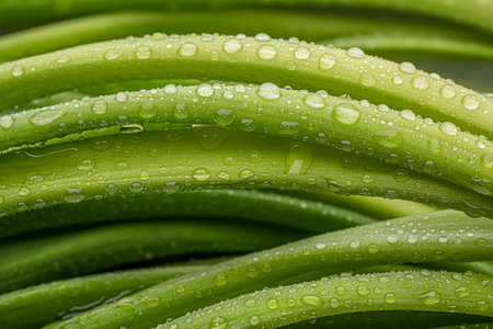 Green leeks close-up, water drops, beautiful texture background for vegetarian menu or recipes about healthy food.の写真素材