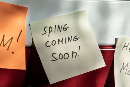 spring is coming - the inscription on the sticker about the imminent onset of good weather and warmth, the seasonsの写真素材