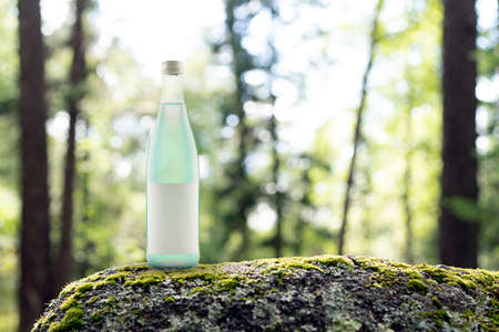 green juice in a glass bottle agave lemonade in the forest, soda water sweet and sour with natural ingredients. Nature is a forest background, a kind of table stone overgrown with green moss. empty mockup label, copy space.の写真素材
