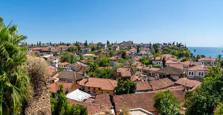 old roofs of houses, the old kaleichi district in antalya. panorama. the historical center of Antalya, where there are many small hotels and restaurants, is a favorite place of travelers and touristsの写真素材