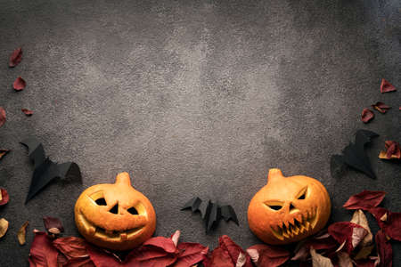 halloween pumpkins copyspace black background. festive creative layout for text and advertising with Jacks head and orange autumn pumpkin flatlayの写真素材