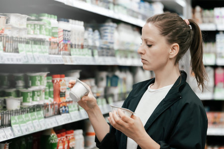 a young lady in the store chooses yogurt products, reads and compares the composition on the labels....