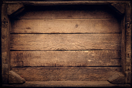 an empty wooden box in rustic style top view with a pronounced texture of aged woodの写真素材
