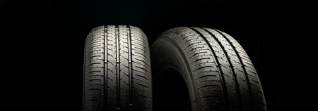 Two new summer wheels on a black tire background graphically panoramic photo