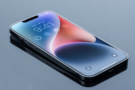 iPhone 14 - original wallpaper 14 models of the new Apple phone on the table. Krasnoyarsk, Russia,...