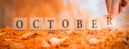 October is an autumn month. A word made of cubes on the background of an autumn forest, is a mans hand, a long banner orange background.の写真素材