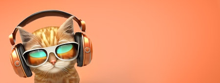 A fashionable cute red cat 3d image in sunglasses and headphones works in a call center operator on an orange background copy space banner. listens to music and gets highの写真素材