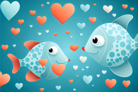 two fish lovers, husband and wife couple smiling, happy valentine's day greeting card or wedding illustration invitation celebration.の写真素材