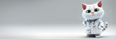 Doctor White cat 3d in a white medical coat with a stethoscope on a gray empty background is a long mock-up of medicine and diagnostics. a lonely doctor.の写真素材