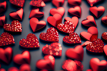 Red hearts, similar to diamonds, on a black table are out of focus.