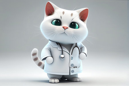 A kind pediatric doctor with a 3 d stethoscope is a cute fluffy cat in a white medical coat. medicine and diagnosticsの写真素材