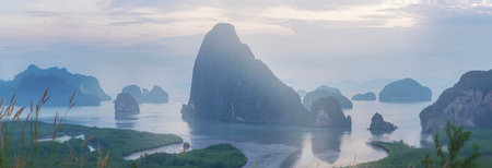 Beautiful view of the rocks in the water landscape, Fog and morning dawn panorama of the beautiful...