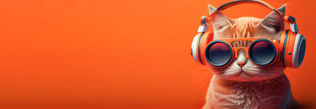 A red-haired cat with headphones and trendy glasses listens to electronic acid music on an orange empty background panoramaの写真素材