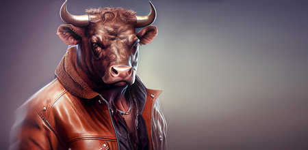 A fierce gaze from a powerful red bull, captured in a close-up portrait. With a bold and rugged appearance, reminiscent of a fearless Russian bandit in a striking red leather jacket.の写真素材