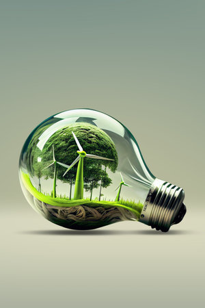 wind energy light bulb wind farm energy saving concept on a light green background vertical.の写真素材