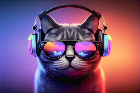 a cool cat with glasses and a microphone and headphones sings songs and listens to music on neon orange blue background.の素材