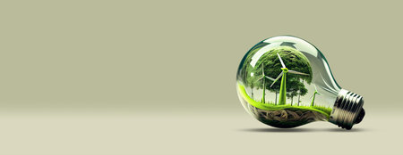 a light bulb with a wind generator power plant on a green empty background copy space. renewable...