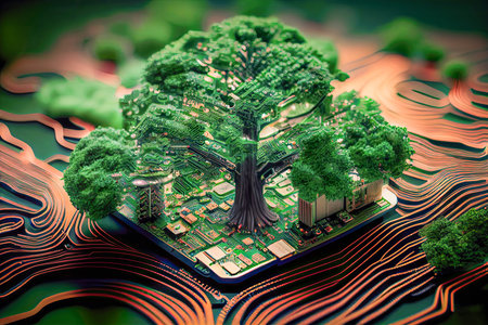 A green sprout tree on a microchip, a concept of innovation, biotechnology, a symbol of a growing...