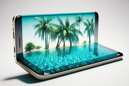 Palm trees and the sea, a seaside resort with turquoise seawater pool on the smartphone screen. Online booking and purchase of tours and travel.の写真素材