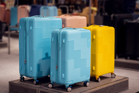 Blue and yellow stylish plastic suitcases on display in the store. Suitcases for luggage and travel during the summer holiday season.のeditorial素材