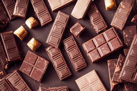 Composition various pieces of chocolate bars scattered table, creating an interesting textural background. Chocolate pieces are different size, shape color, rough crumbly texture Ai generated.の素材