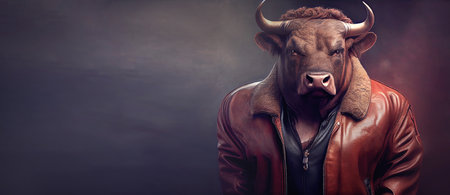 A majestic bull stands tall, exuding raw power and strength. His chiseled physique and unwavering gaze radiate confidence, embodying the essence of a cool and indomitable man AI generatedの素材