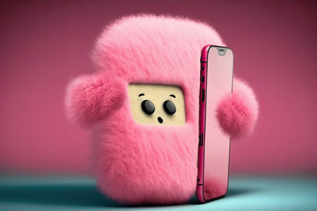A pink fluffy, a fabulous creature or a soft, sweet toy is talking on a mobile phone. Childrens communication and conversations, artificial intelligence and voice assistant for childrens entertainment and education, ai generatedの素材