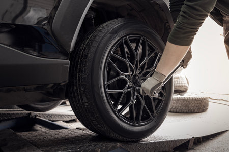 A master tire fitter screws a new black wheel to a car in a tire service, close-up