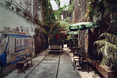 Thailand, Phang Nga, March 2, 2023. Takua Pa old city streets, Interior of a coffee house in the old city wallsのeditorial素材