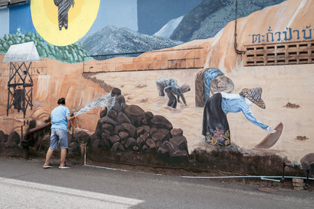 Thailand, Phang Nga, Takua Pa March 2, 2023 . Street photo, art on the wall. Peasants harvest rice, watering.のeditorial素材