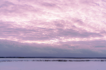 A deserted winter minimalist landscape, pink sunset clouds over a snow-covered steppe, background. A Serene Winter Landscape at Dawn featuring a Gorgeous Purple Sky above the horizonの写真素材