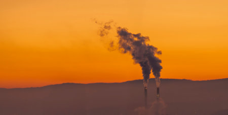 The Industrial Smoke Emission Observed at Sunset and Its Environmental Impact on Atmosphereの写真素材