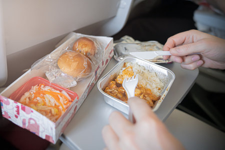 Close-up of a passenger enjoying a meat and rice lunch on an airplane, hands holding a fork and knife, savoring in-flight dining experienceの写真素材