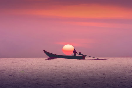 Traditional Thai Longtail boat on the background of a huge orange sun. Tropical purple sunset is a concept of travel and tourism to Thailand and Asia.の写真素材
