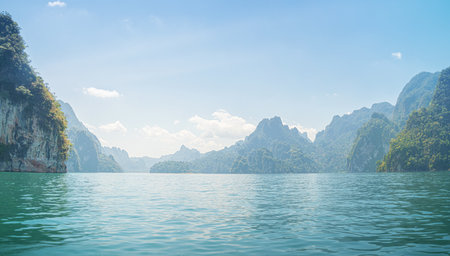Majestic Cheow Lan Lake landscape showcases tranquil waters surrounded by lush mountains and clear skies in Thailandの写真素材