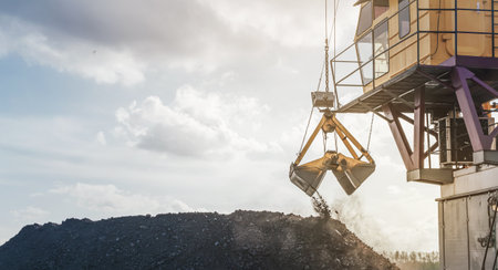 Crane loading coal at port near river under cloudy sky at dusk. Loading coal onto a barge using a...