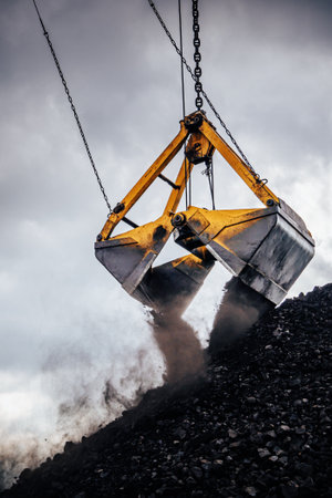 Coal bucket suspended from a robust crane is seen in action at an industrial site. The crane is...