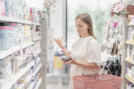 Woman shops for cosmetics and household items while carefully examining product labels in supermarket aisleの写真素材