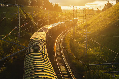 The silhouette of a freight train at sunset among the hills. Railways and freight transportation.の写真素材