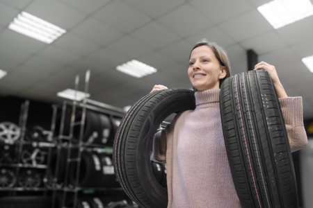 Woman happily carries new tires for her vehicle in a tire store during peak tire change seasonの写真素材