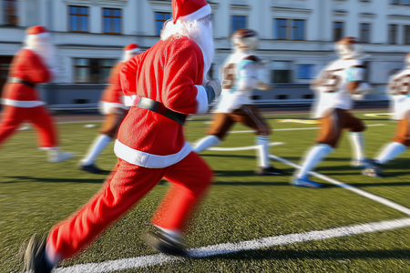 Santa Claus is jogging on a vibrant green field before a football match takes place on Christmas Eve, filled with excitement and holiday energy.の素材