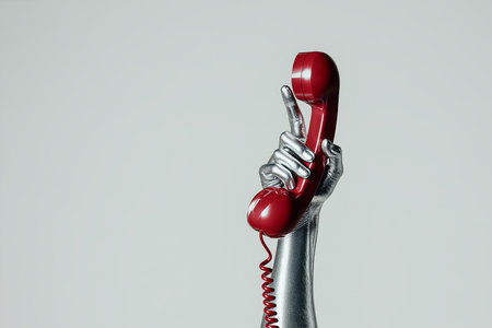 Call me. A concept hand in silver paint holds a bright red handset. art is a concept. for customer support, phone calls, and communication between people and customers.の素材